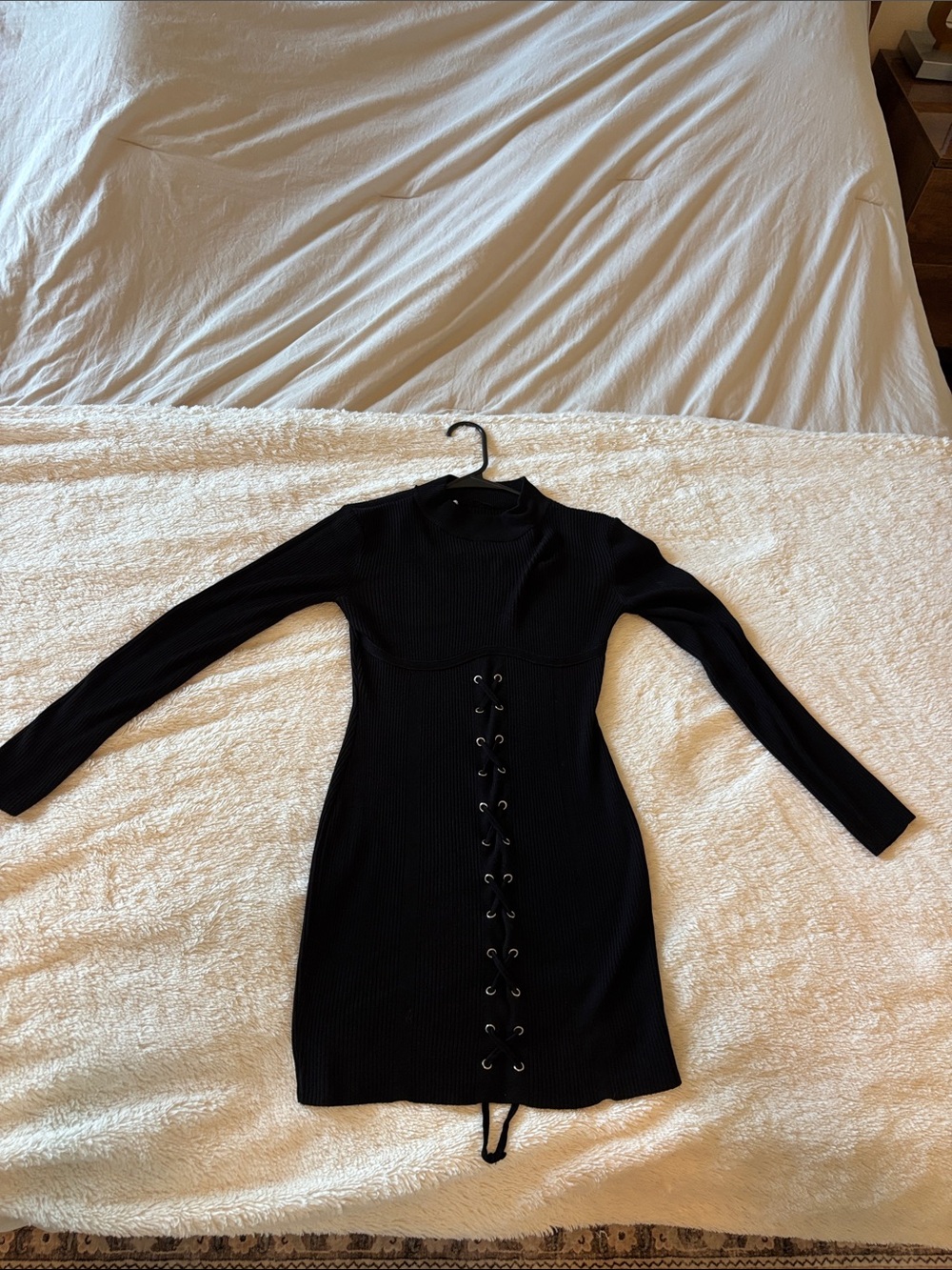 Fashion Nova Black Lace-Up Ribbed Long Sleeve Dress
